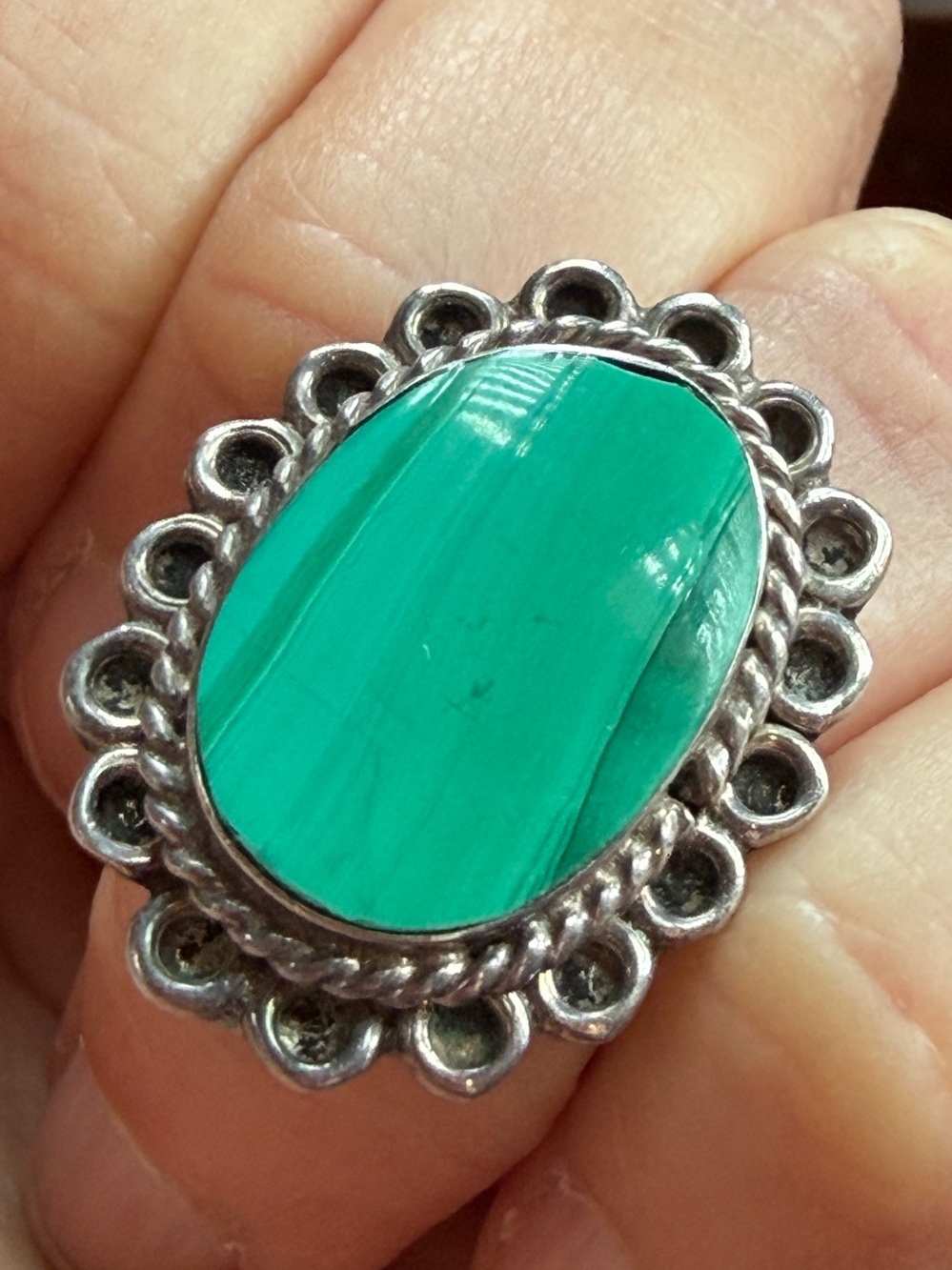 Mexico 925 Malachite Cabochon Ring. Marked.
